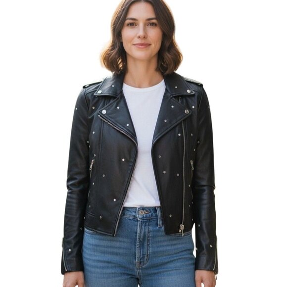 LAMARQUE Donna Glam Studded Leather Moto Jacket - Size L - Picture 1 of 9